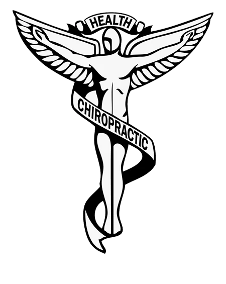 Chiropractic caduceus symbol with winged staff, human figure, and "Health" and "Chiropractic" text banners