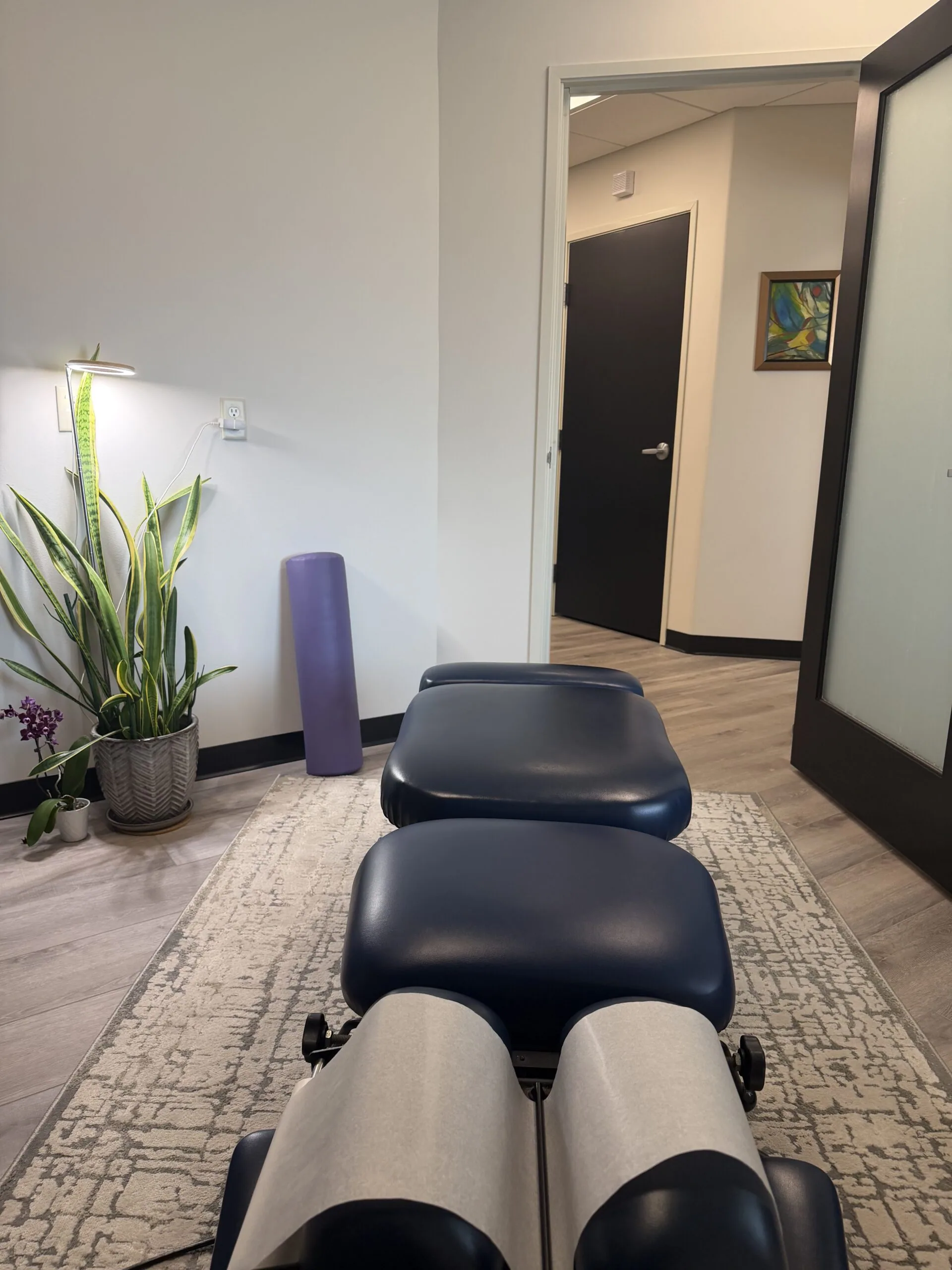 Massage or chiropractic treatment room with black padded table, potted plant, purple cylinder prop, and doorway leading to hallway with black door