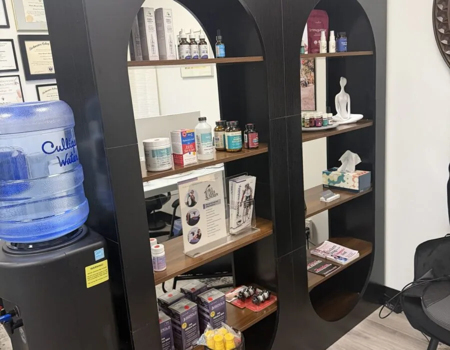 Shelves of supplements and wellness products at Hidden Health